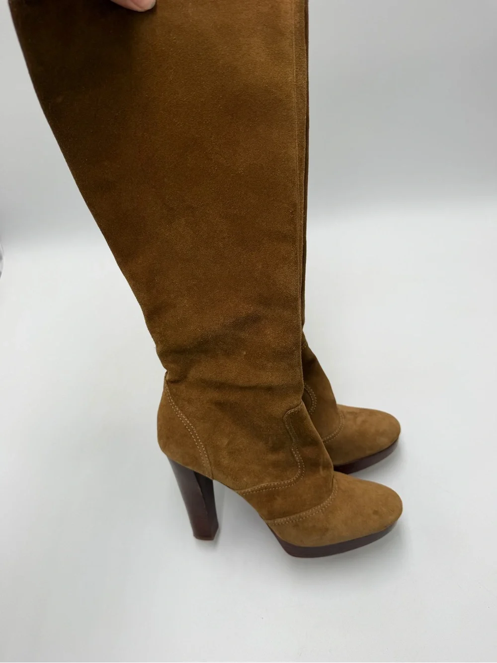 Vintage Michael Kors Suede Knee High Boots Tan Leather Platform Heels 7.5 M
